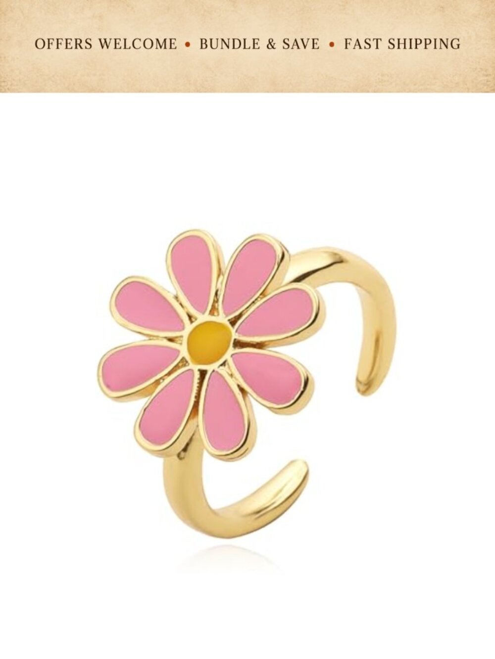 14k Gold Plated Daisy Flower Adjustable Open Ring Enamel Hypoallergenic
